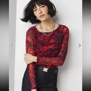 WHBM Red Mesh Sheer T Shirt L/S Top Ruched Princess Seams M Medium $78 EUC KL